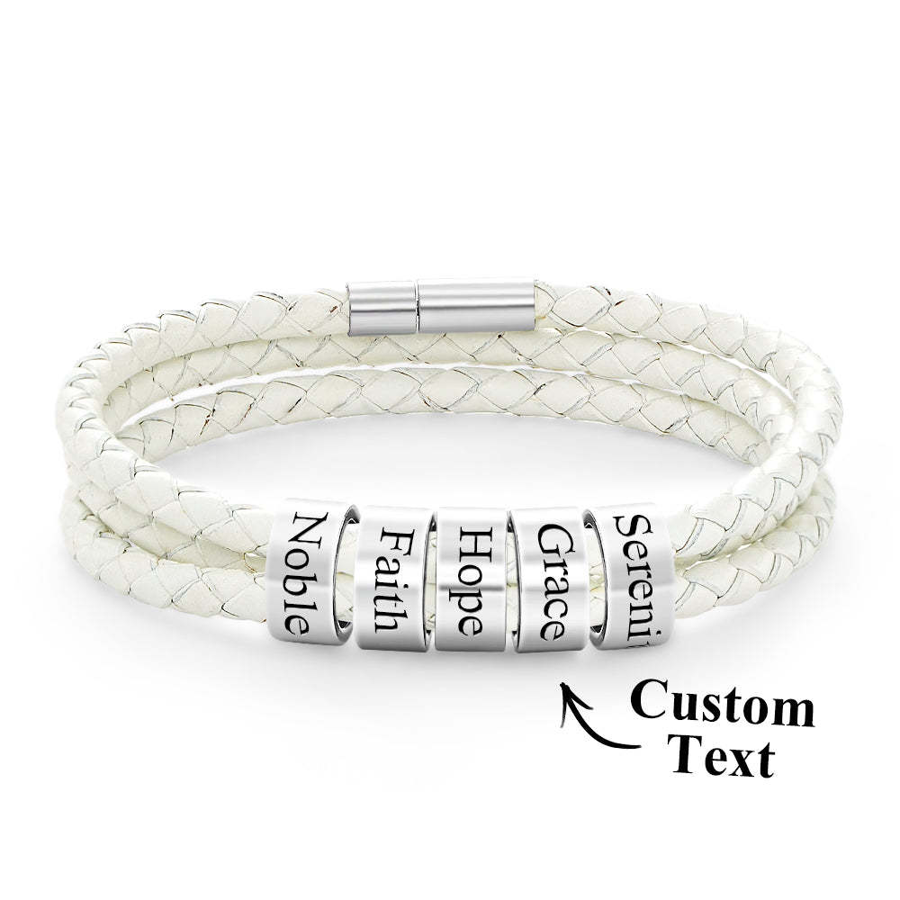 Men Braided Leather Bracelet with Small Custom Beads - NameNecklace