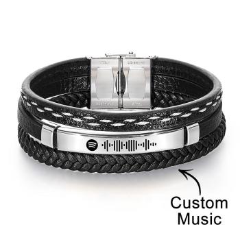 Scannable Spotify Code Bracelet Personalized Multy Layer Leather Bracelet for Men - NameNecklace
