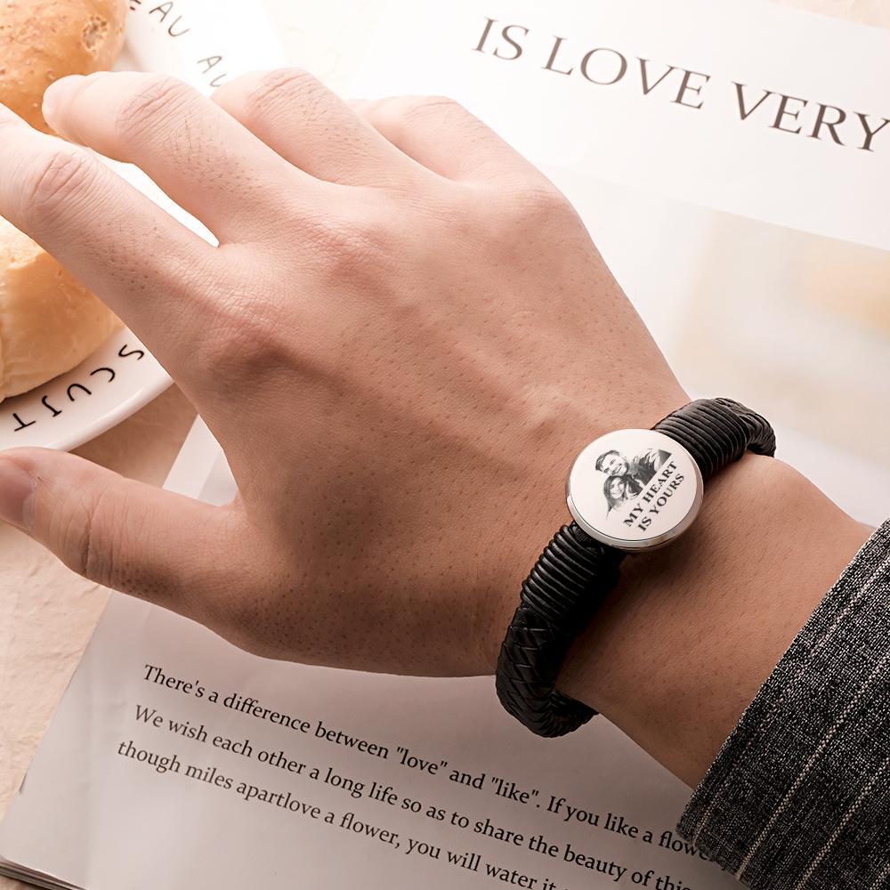 Personalized Photo Leather Wide Bracelet Engraved Unique Bracelet Gifts For Him - NameNecklace