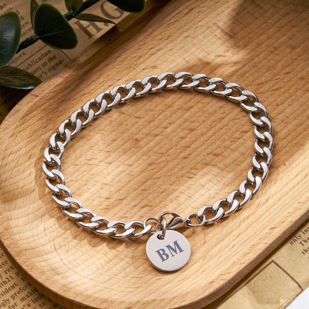 Engraved Initials Thick Cuban Chain Link Bracelet Stainless Steel Bracelet for Men - NameNecklace