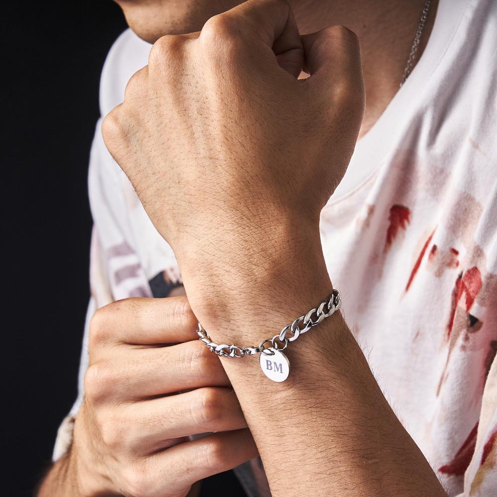 Engraved Initials Thick Cuban Chain Link Bracelet Stainless Steel Bracelet for Men - NameNecklace
