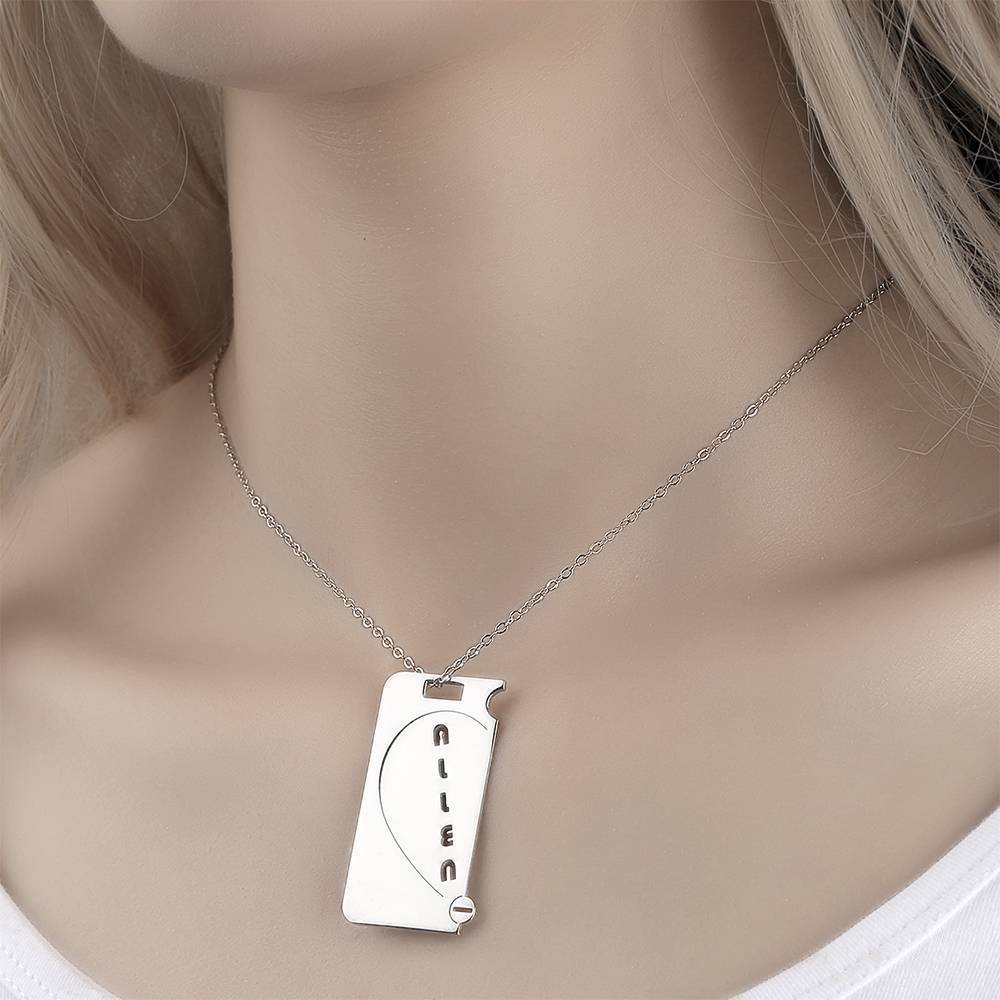 Personalized  Couples Necklace Broken Heart Name Necklace Platinum Plated Silver