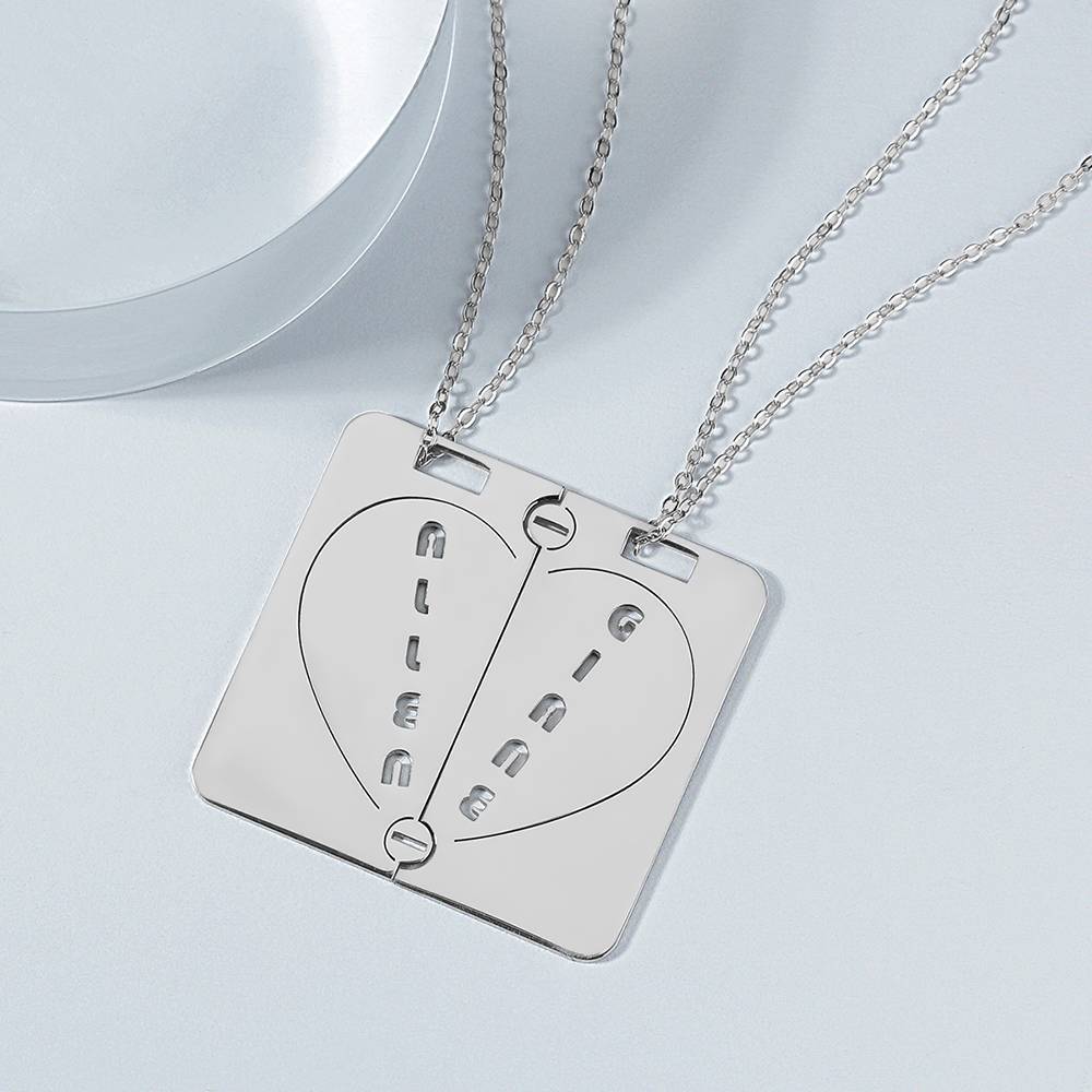 Personalized  Couples Necklace Broken Heart Name Necklace Platinum Plated Silver