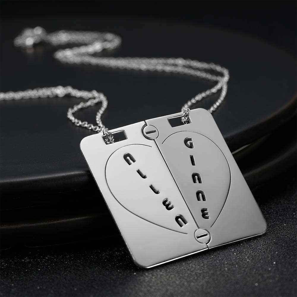 Personalized  Couples Necklace Broken Heart Name Necklace Platinum Plated Silver