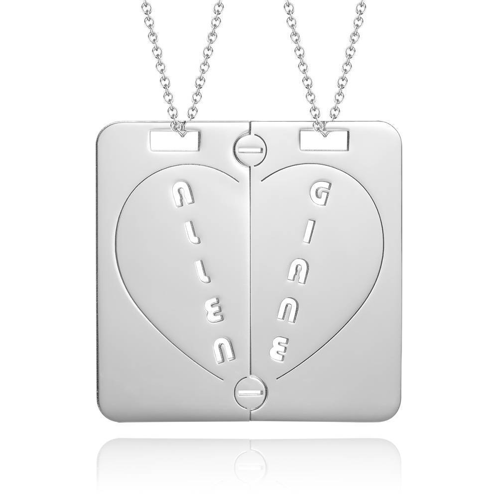 Personalized  Couples Necklace Broken Heart Name Necklace Platinum Plated Silver