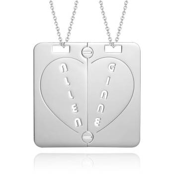 Personalized  Couples Necklace Broken Heart Name Necklace Platinum Plated Silver