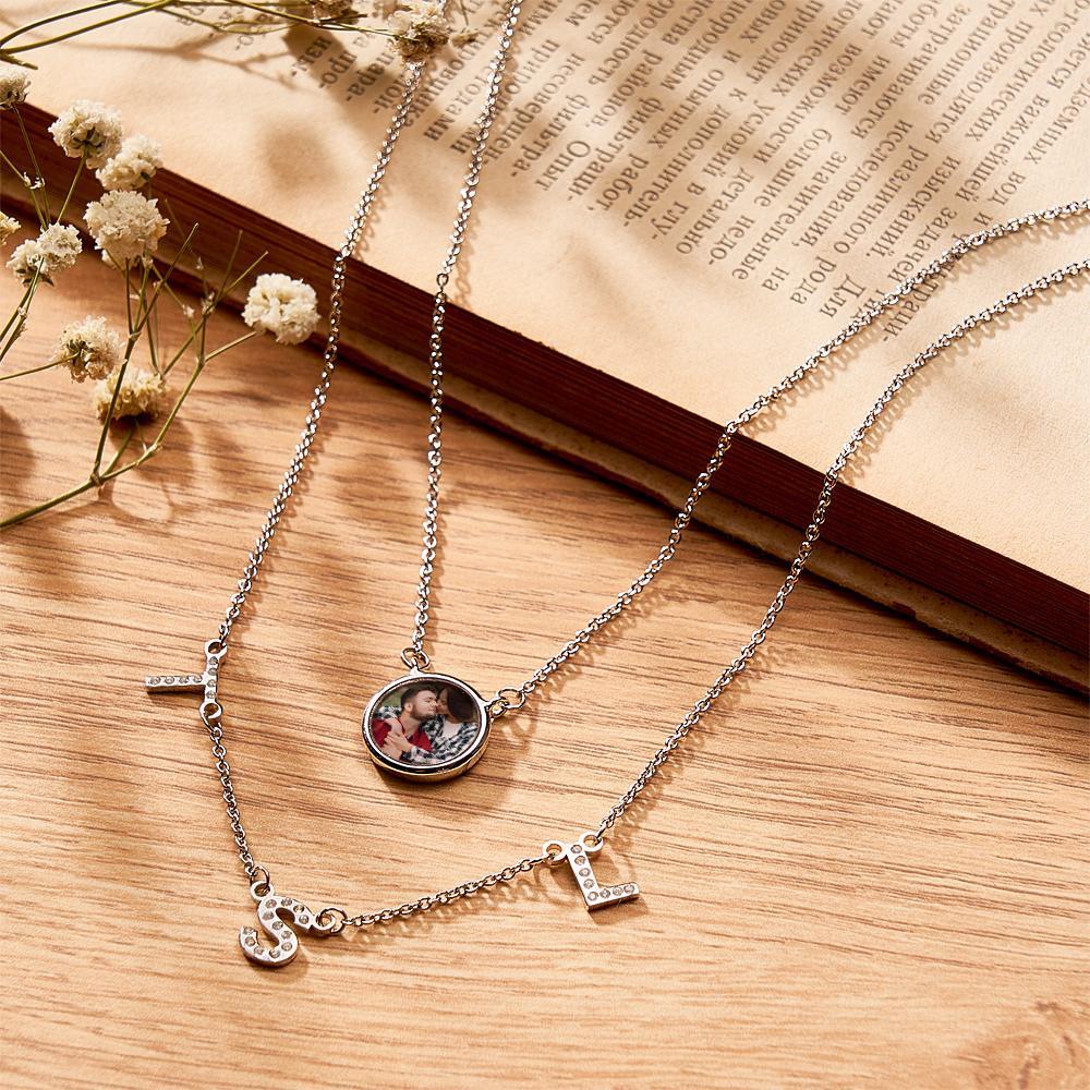 Double Chain Set Personalized Photo Necklace with Your Initial Gift for Her - NameNecklace