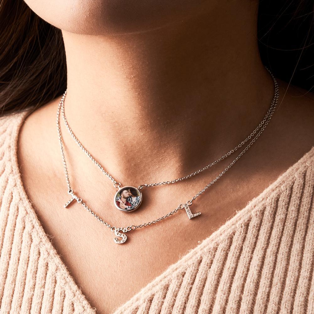 Double Chain Set Personalized Photo Necklace with Your Initial Gift for Her - NameNecklace