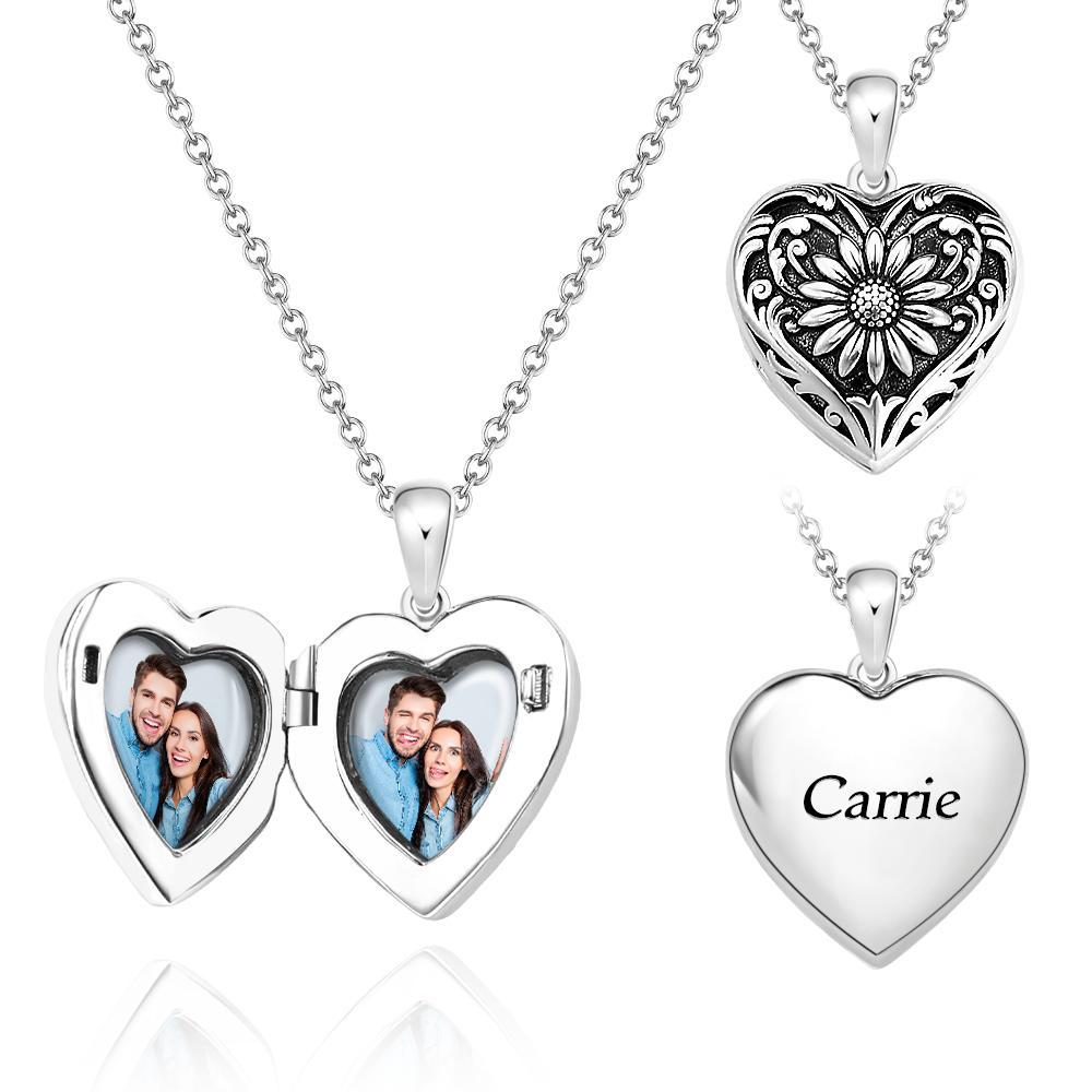 Personalized Photo Heart-Shaped Locket Necklace Retro Flower Pendant Jewelry For Her - NameNecklace