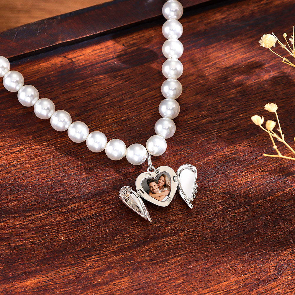 Custom Photo Necklace Angel Wings Pearl Couple Gift - NameNecklace