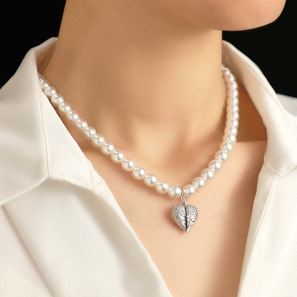 Custom Photo Necklace Angel Wings Pearl Couple Gift - NameNecklace
