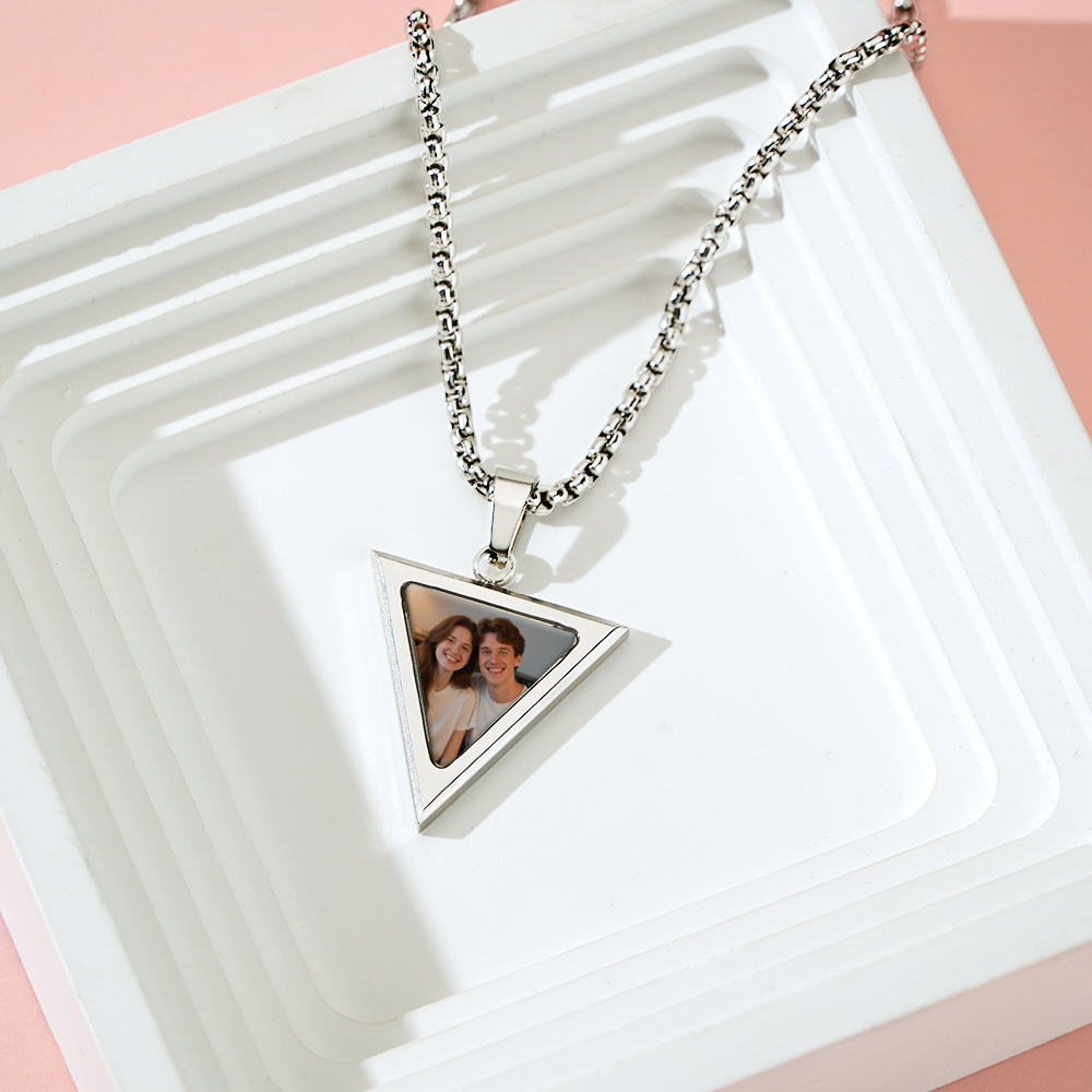 Custom Magical Temperature-Sensitive Photo Projection Triangle Necklace Personalized Photo & Engrave Text Necklace