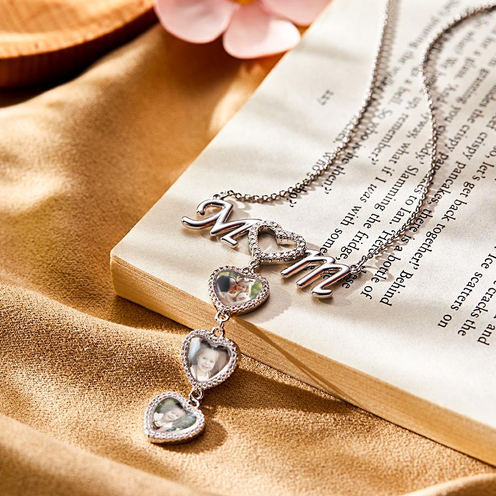 MOM Photo Necklace Personalized Diamond Heart Splice Memory Picture Pendant Gifts For Her - NameNecklace