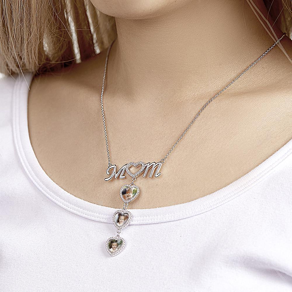 MOM Photo Necklace Personalized Diamond Heart Splice Memory Picture Pendant Gifts For Her - NameNecklace