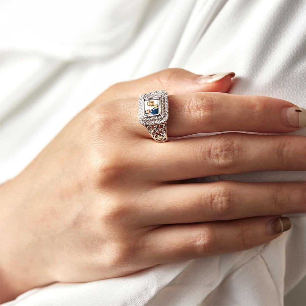 Custom Photo Zircon Ring Noble Bling Jewelry Gifts for Couples - NameNecklace