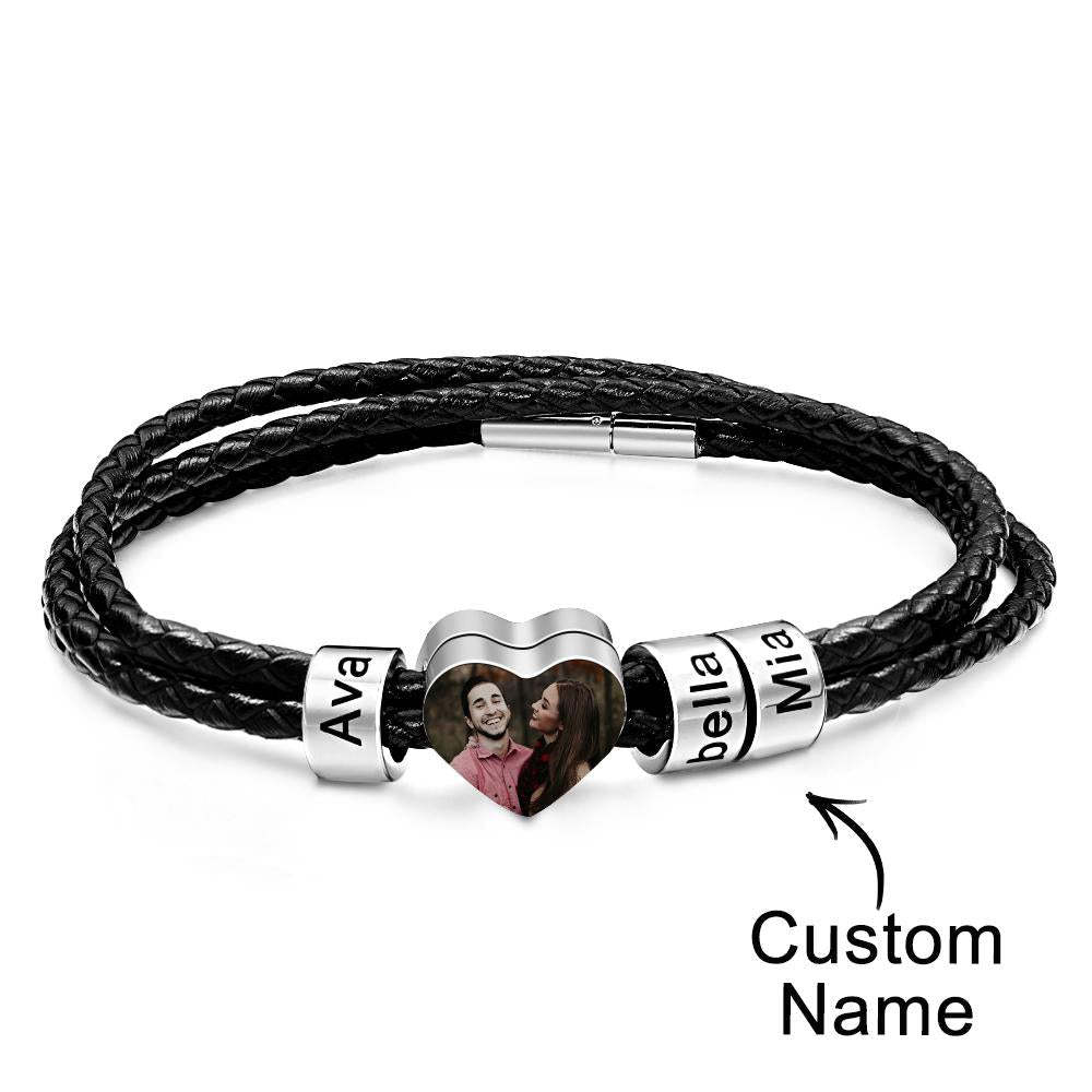 Custom Photo Name Bracelet Weave Leather Gift for Dad - NameNecklace