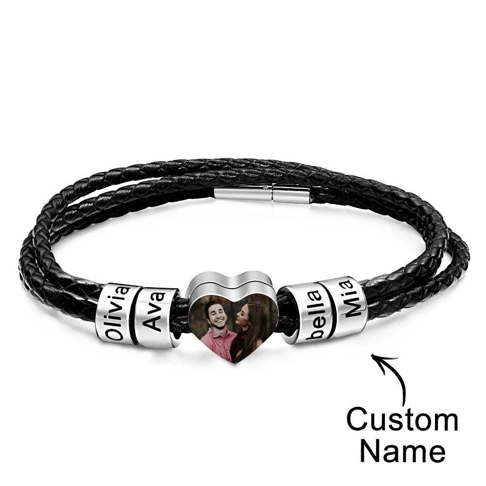 Custom Photo Name Bracelet Weave Leather Gift for Dad - NameNecklace