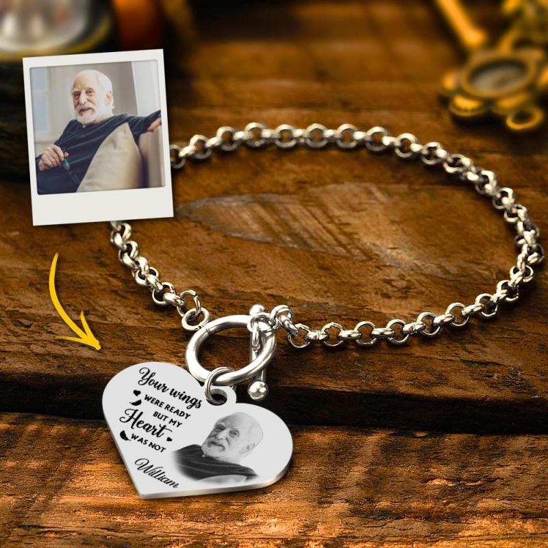 Custom Photo Bracelet with Heart Memorial Engraved Bracelet Engraving Stainless Steel Bracelet