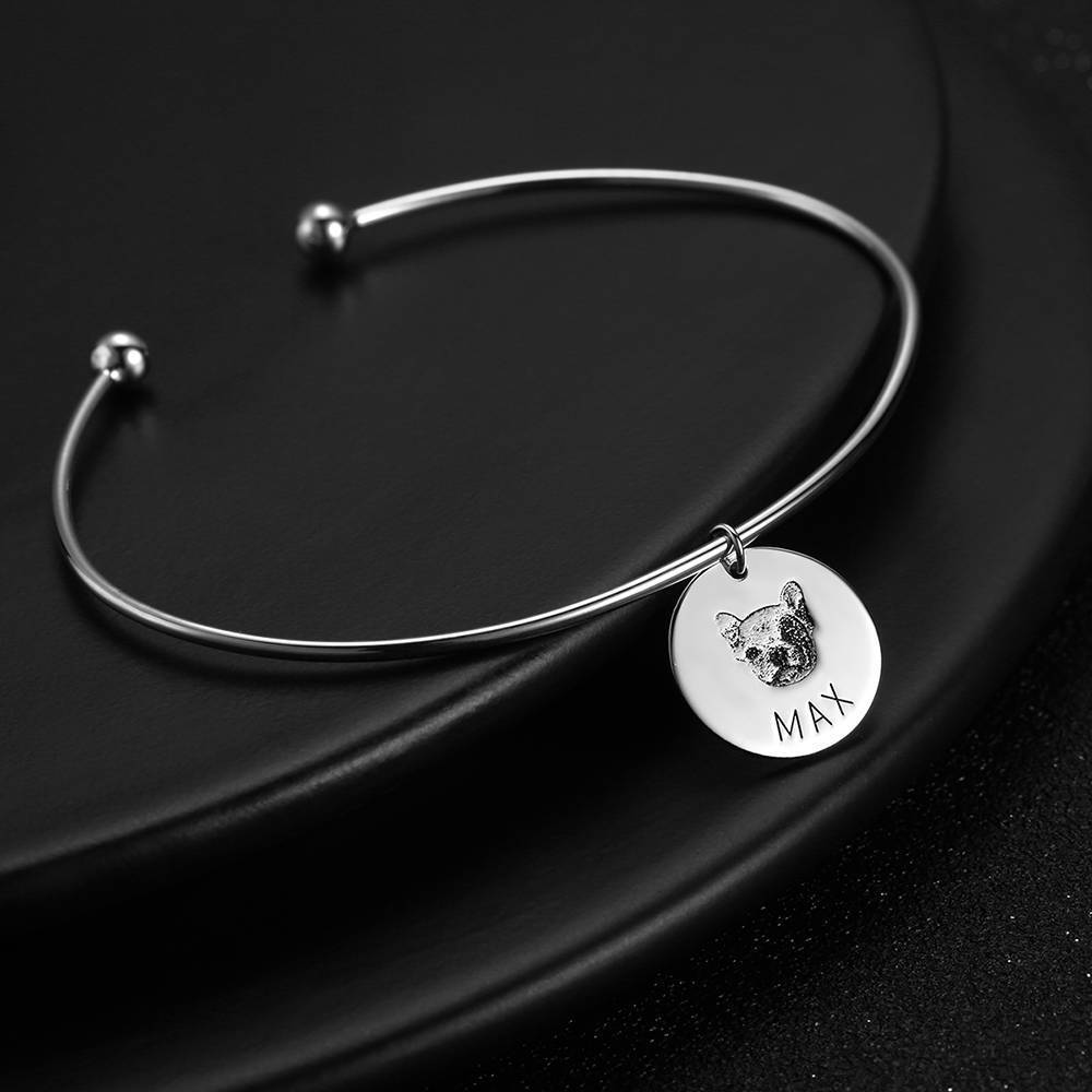 Portrait Photo Bangle with Engraving Round Shape Silver Plated