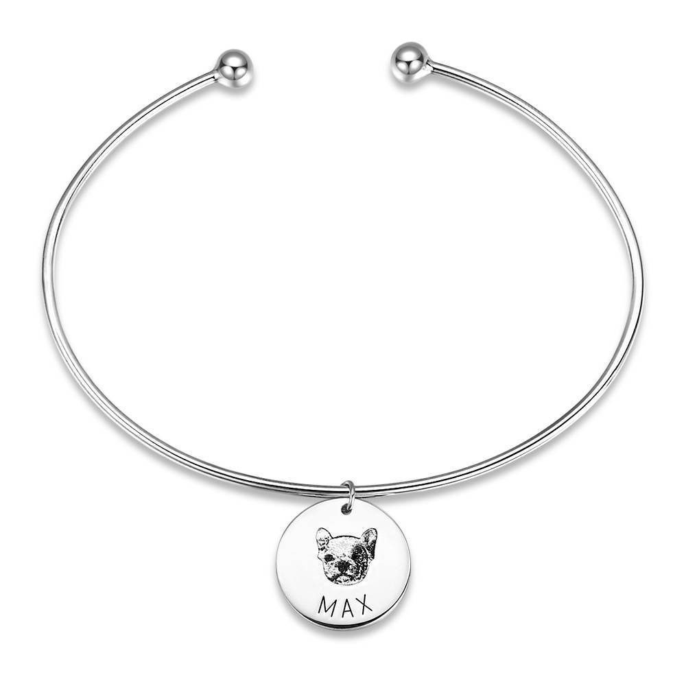 Portrait Photo Bangle with Engraving Round Shape Silver Plated