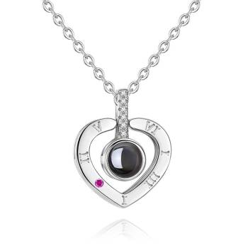 Personalized Photo With 100 Languages Says I Love You Projection Necklace Heart-shaped Silver