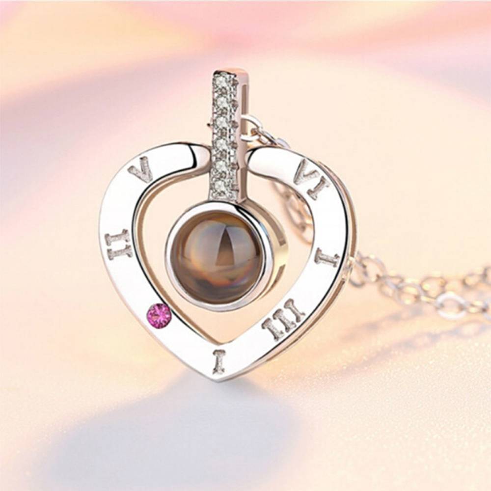Personalized Photo With 100 Languages Says I Love You Projection Necklace Heart-shaped Silver