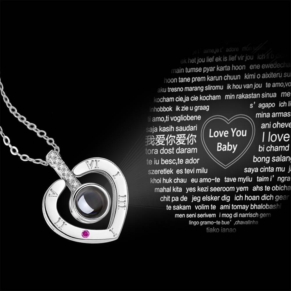 Personalized Engraved With 100 Languages Says I Love You Projection Necklace Heart-shaped Silver