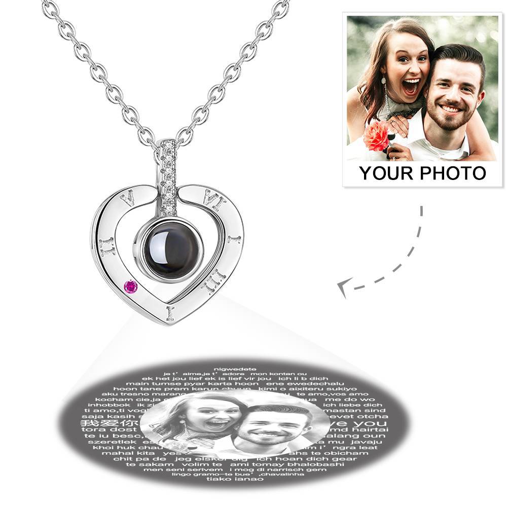 Personalized Photo With 100 Languages Says I Love You Projection Necklace Heart-shaped Silver