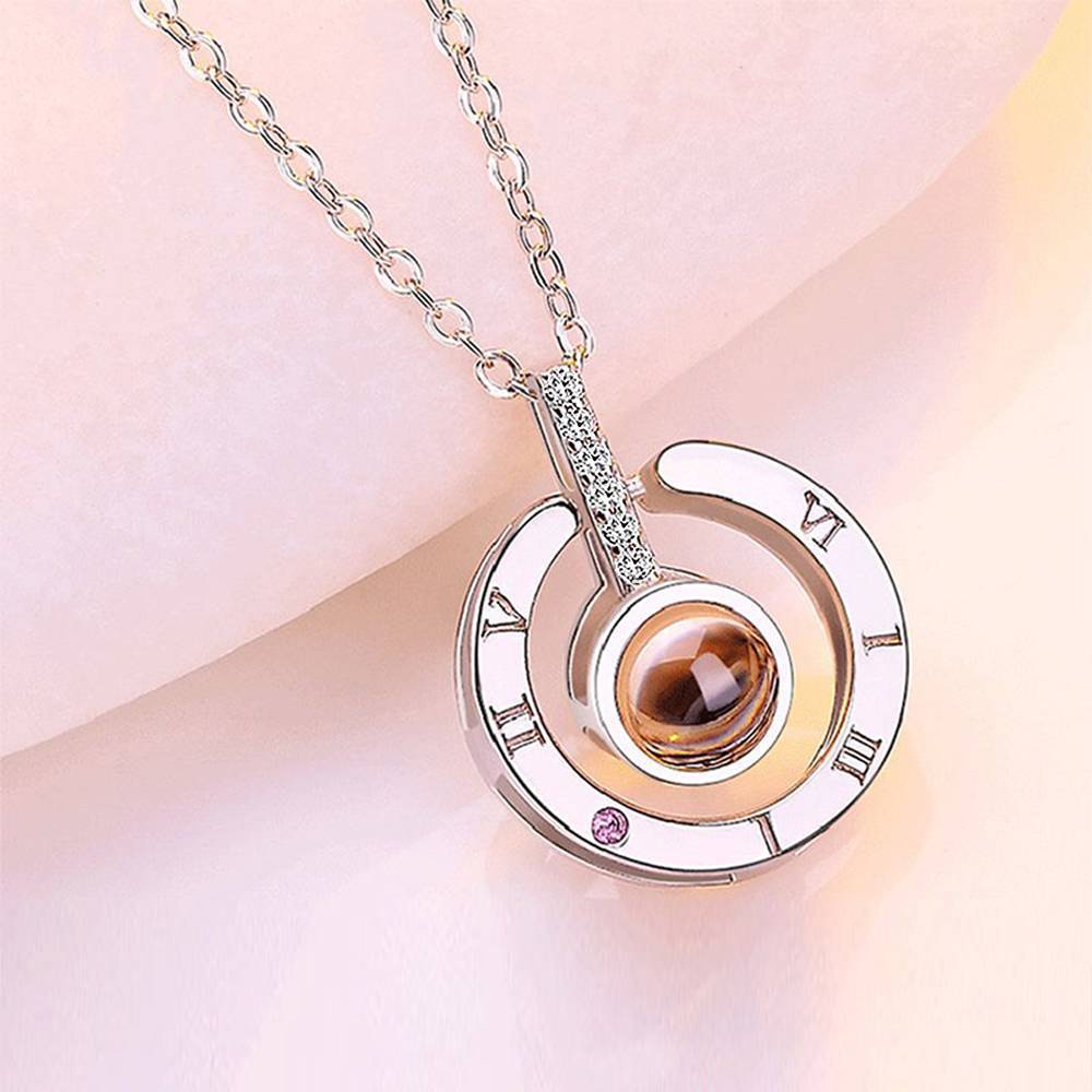 Personalized Photo With 100 Languages Says I Love You Projection Necklace Round-shaped Silver