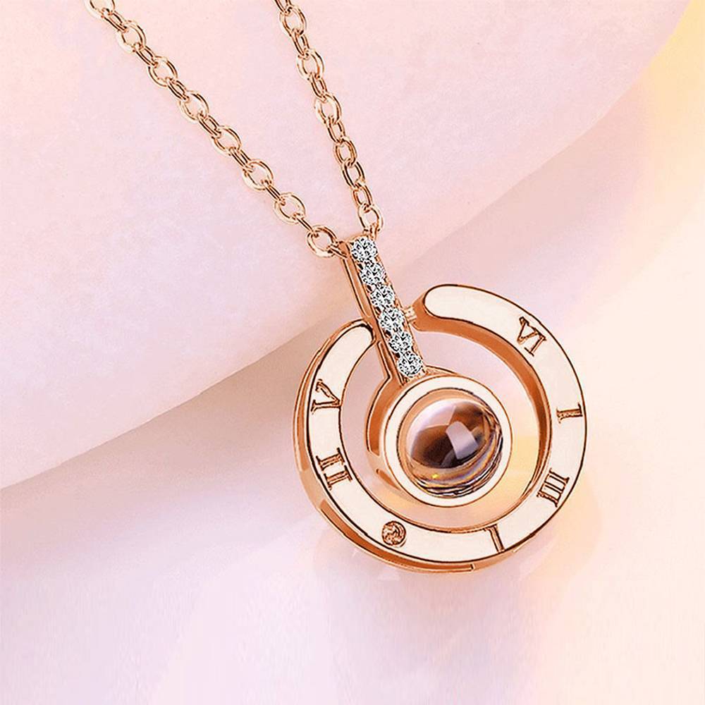 Personalized Engraved With 100 Languages Says I Love You Projection Necklace Round-shaped Rose Gold