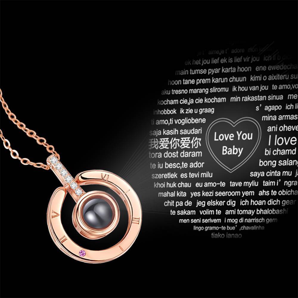 Personalized Engraved With 100 Languages Says I Love You Projection Necklace Round-shaped Rose Gold