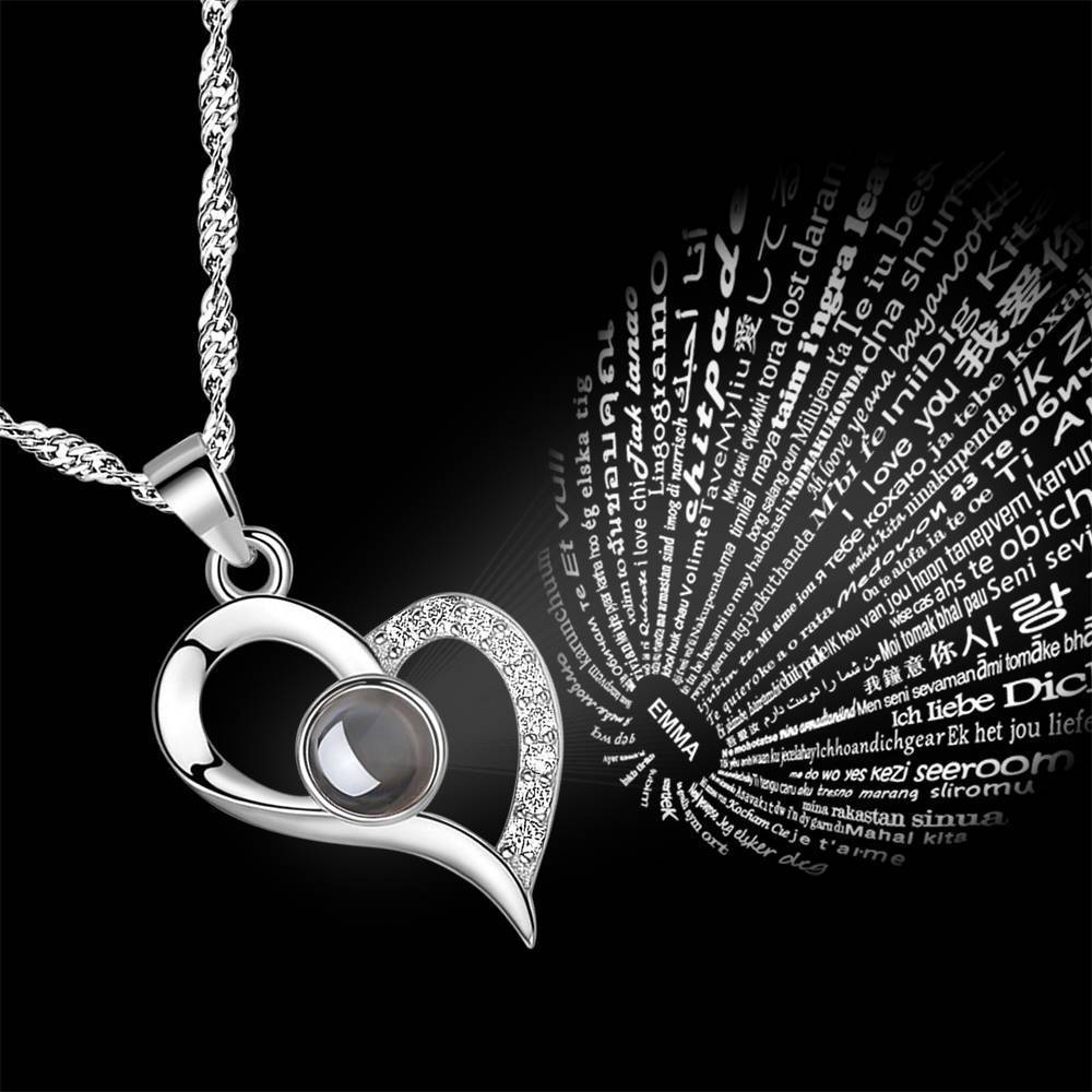 Personalized Engraved With 100 Languages Says I Love You Projection Necklace Love Your Heart Silver
