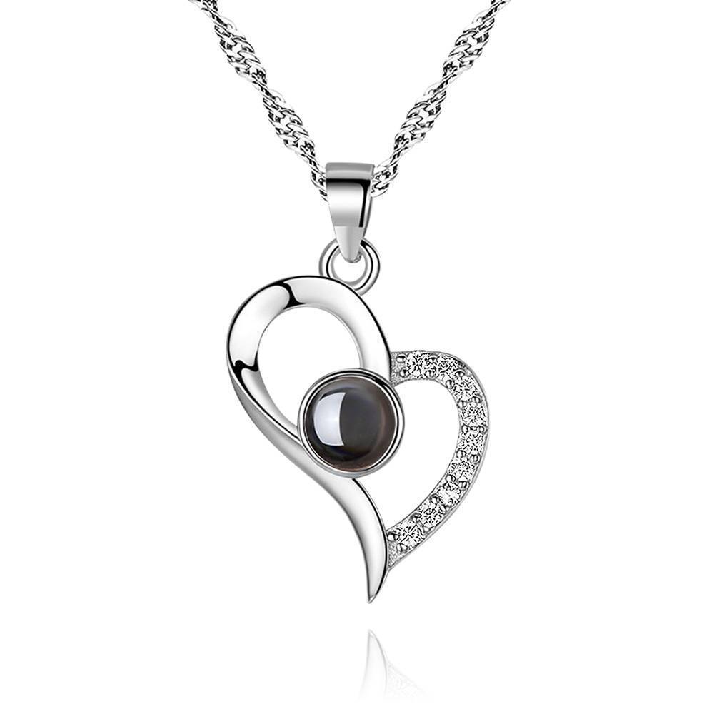 Personalized Photo With 100 Languages Says I Love You Projection Necklace Love Your Heart Silver