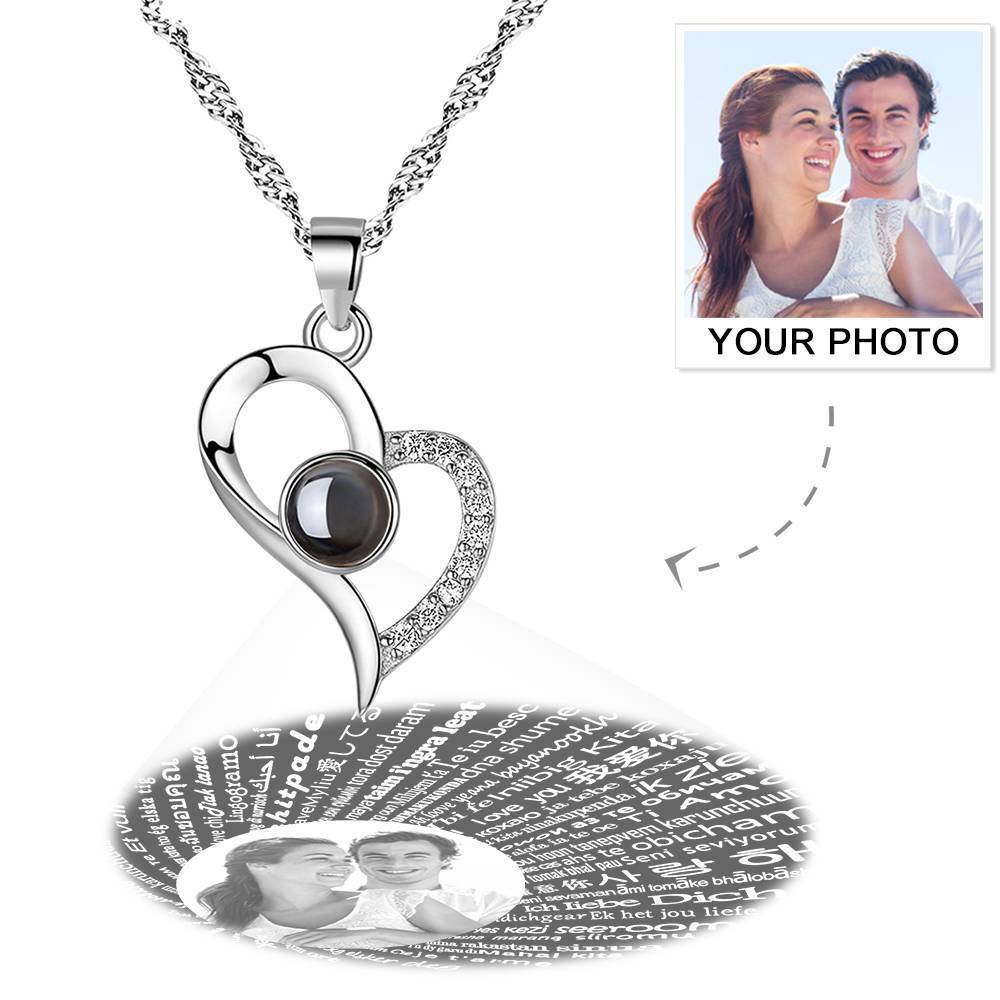 Personalized Photo With 100 Languages Says I Love You Projection Necklace Love Your Heart Silver