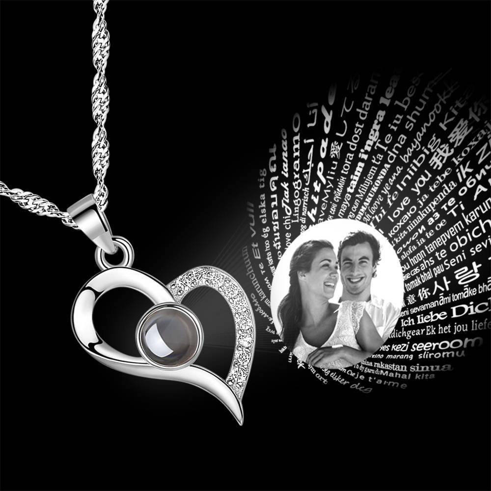 Personalized Photo With 100 Languages Says I Love You Projection Necklace Love Your Heart Silver