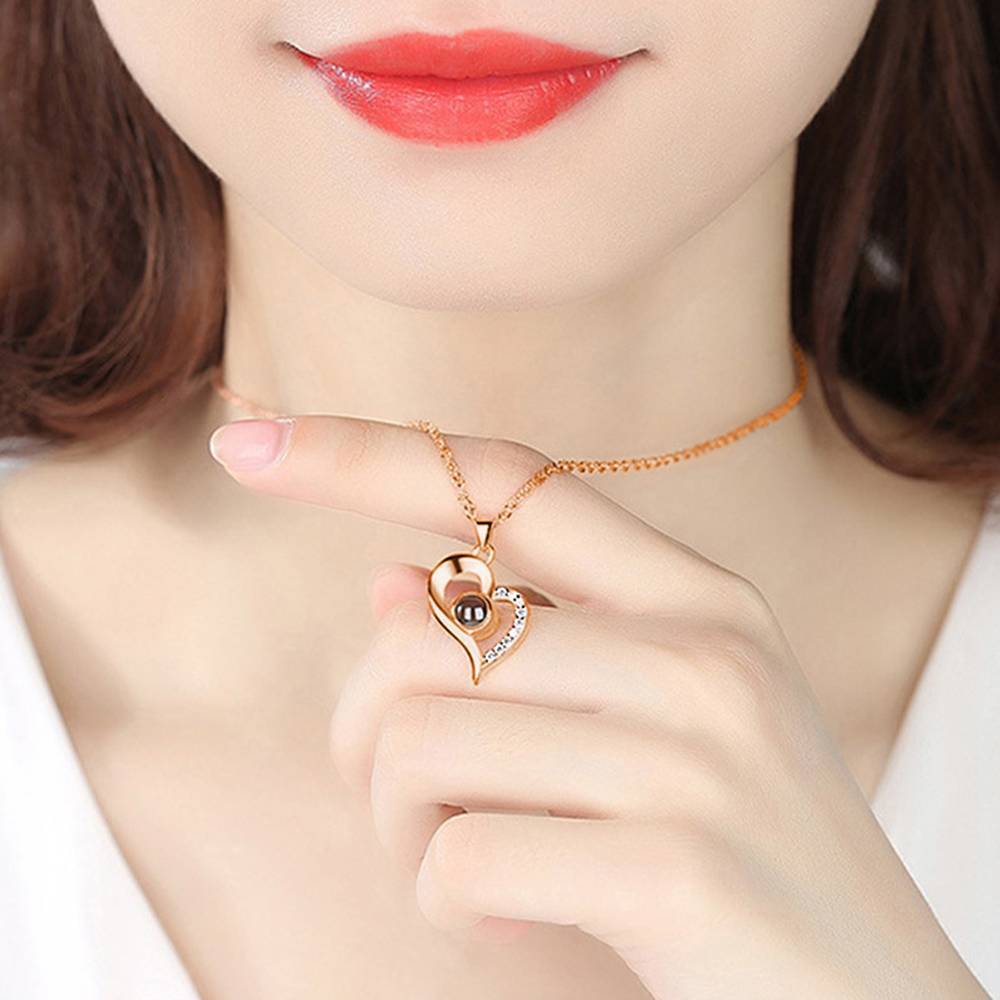 Personalized Photo With 100 Languages Says I Love You Projection Necklace Love Your Heart Rose Gold