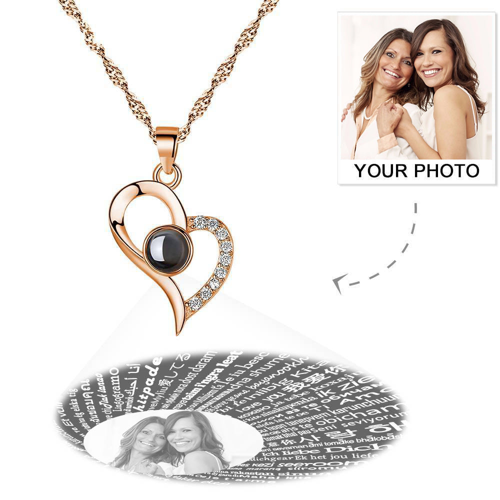 Personalized Photo With 100 Languages Says I Love You Projection Necklace Love Your Heart Rose Gold