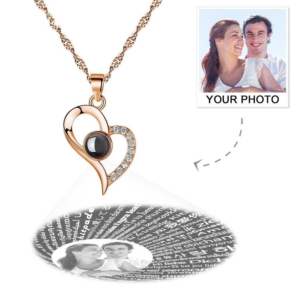 Personalized Photo With 100 Languages Says I Love You Projection Necklace Love Your Heart Rose Gold