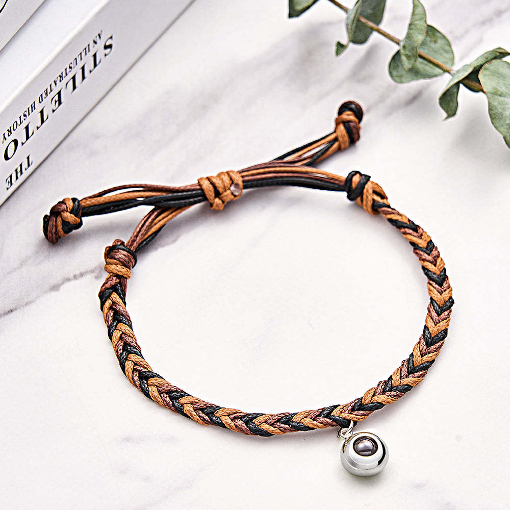 Personalized Projected Picture Bracelet Twist Rope With Round Pendant Warm Christmas Gift For Men - NameNecklace