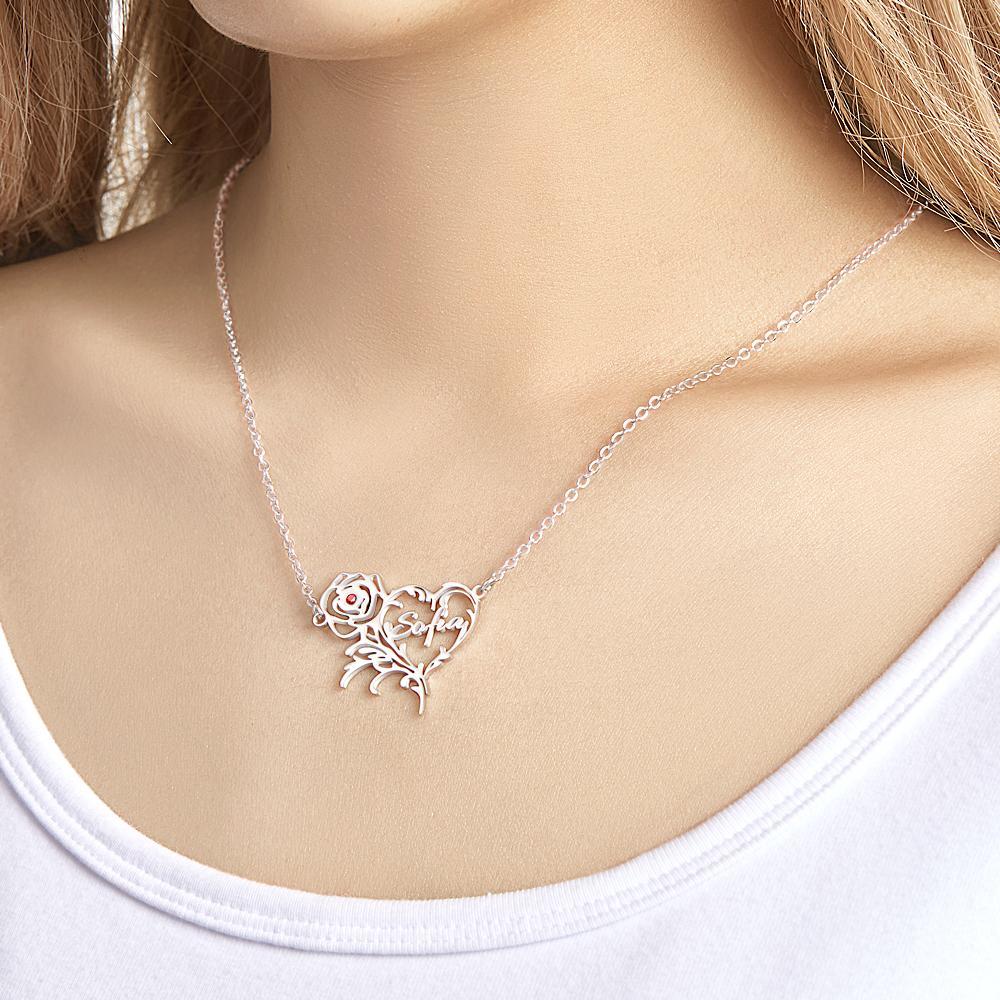 Custom Name Birthstone Necklace Rose Heart Shape Exquisite Gifts - NameNecklace