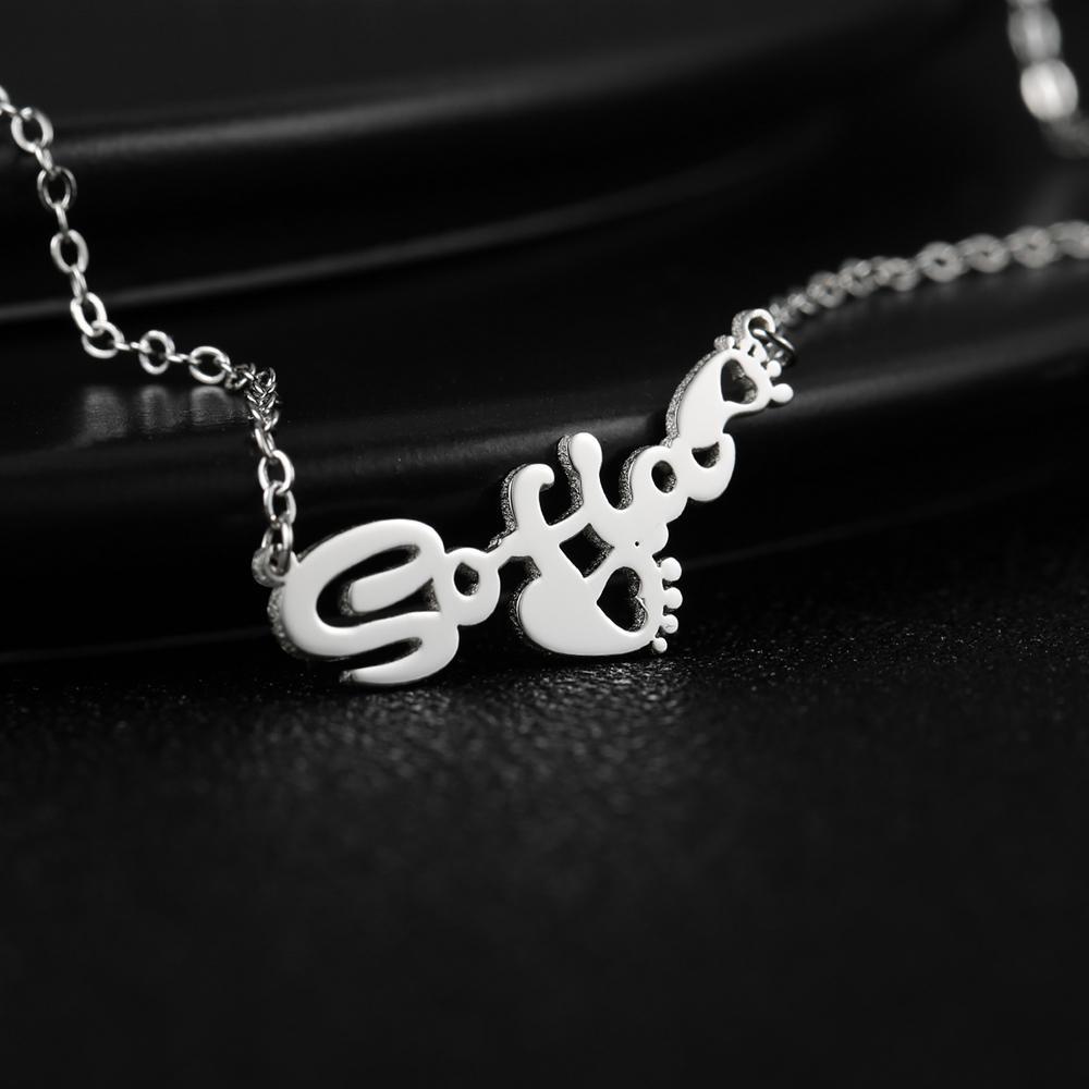 Personalized Name Necklace With Heart Footprint Silver