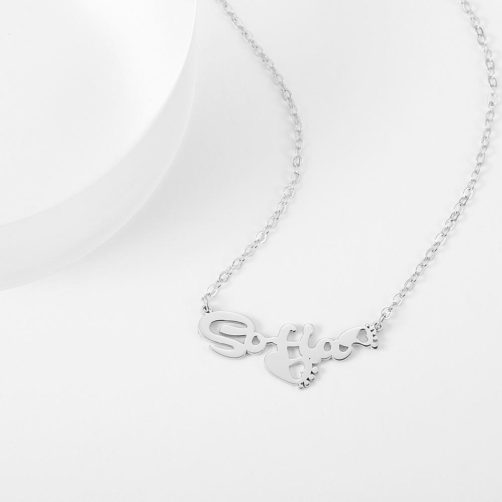 Personalized Name Necklace With Heart Footprint Silver