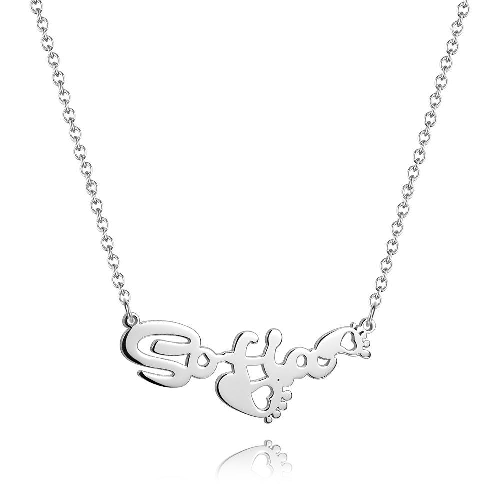 Personalized Name Necklace With Heart Footprint Silver