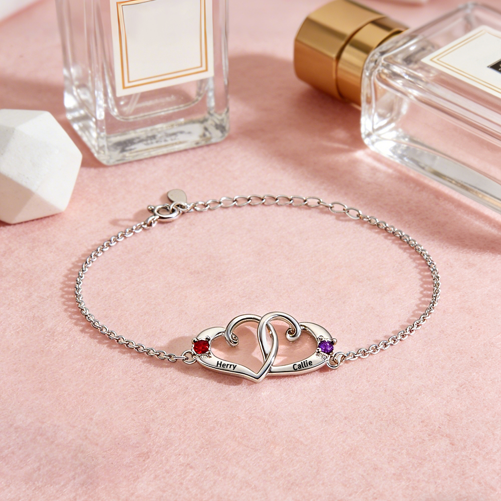 Custom Interlocking Heart Name Bracelet Birthstone Engraved Personalized Double Heart Bracelet for Couples Best Friends