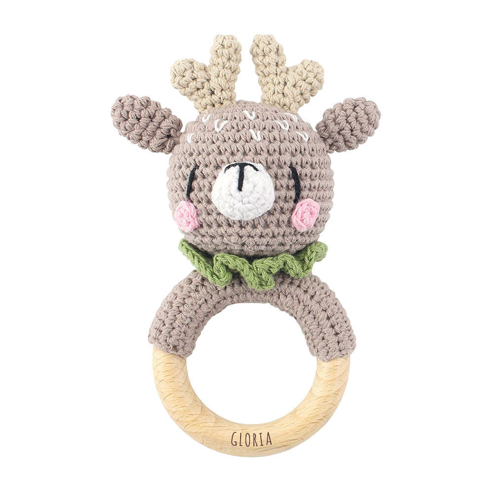 Personalized Animal Baby Rattle Baby Shower Gifts Custom Wooden Baby Rattle Crochet Rattle Toy Newborn Gifts Gift for Nephew Niece - NameNecklace
