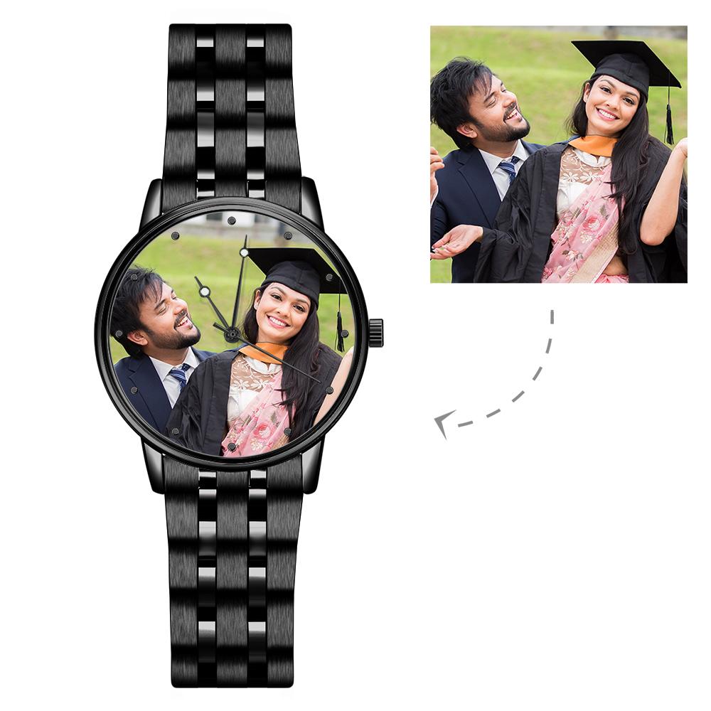 Graduation Gifts Engraved Men's Black Alloy Bracelet Photo Watch 38mm
