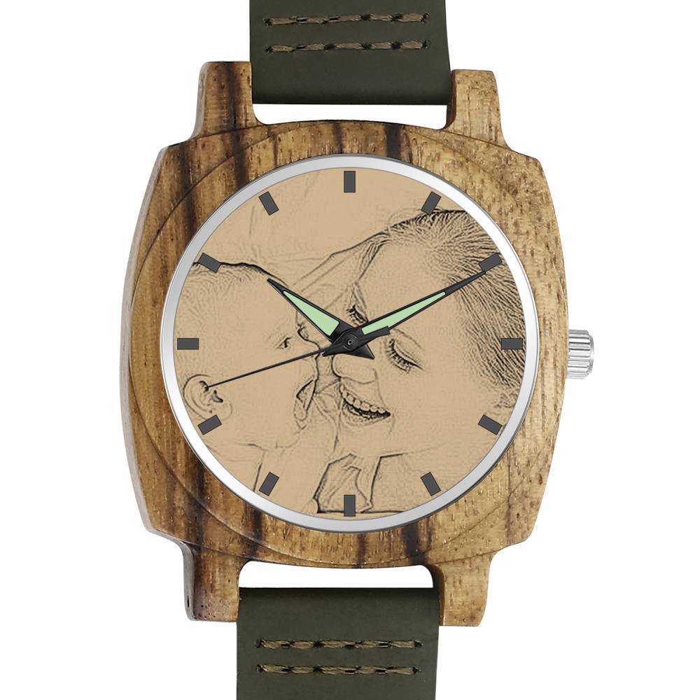 Men's Engraved Bamboo Photo Watch Dark Green Leather Strap 45mm