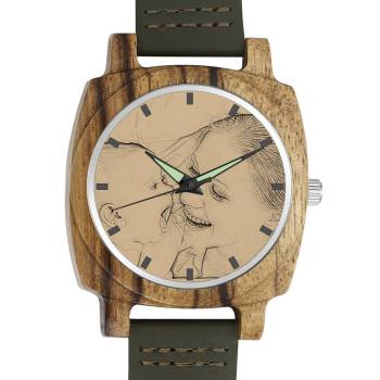 Men's Engraved Bamboo Photo Watch Dark Green Leather Strap 45mm