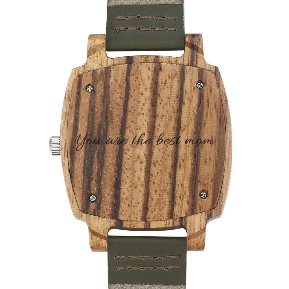 Men's Engraved Bamboo Photo Watch Dark Green Leather Strap 45mm