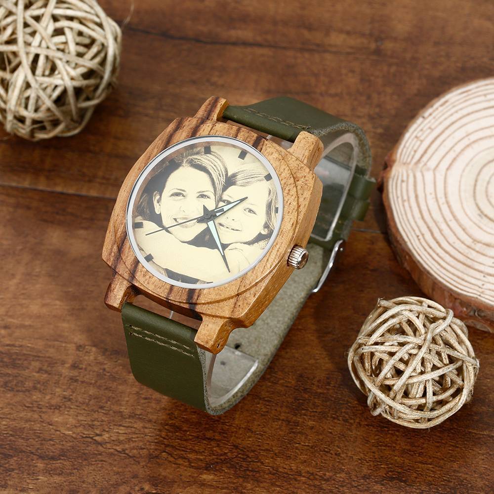 Men's Engraved Bamboo Photo Watch Dark Green Leather Strap 45mm